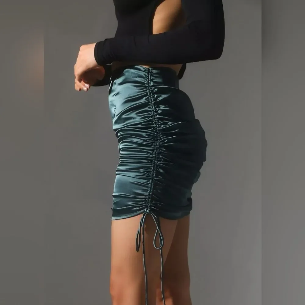 Urban Outfitters Samantha Teal Ruched Y2K Mini Skirt Size‎ Large NEW